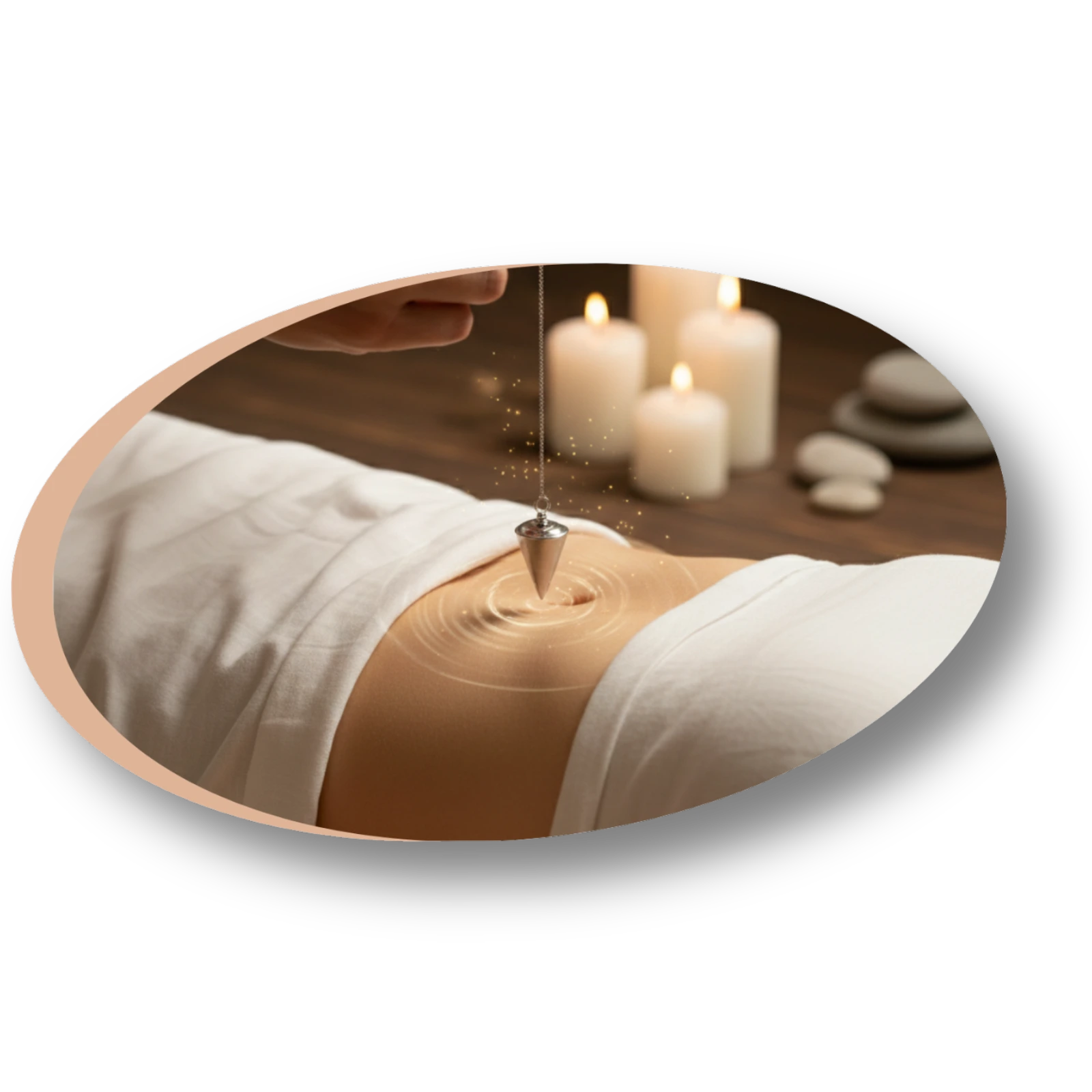 Utilisation d'un pendule en soin énergétique sur la zone du ventre (chakra sacré). Recherche scientifique sur l'efficacité en Lorraine.