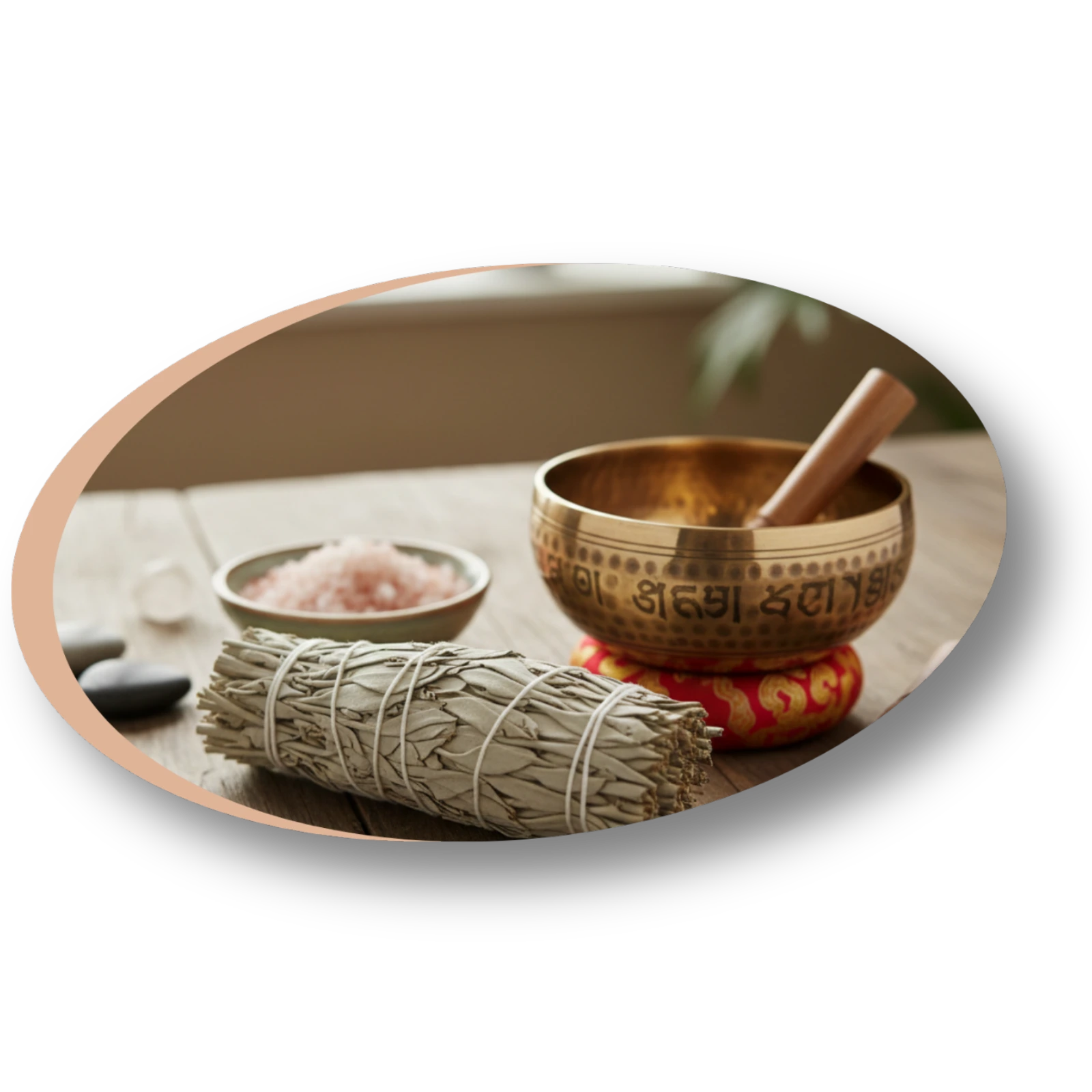 Outils de nettoyage énergétique maison : sauge blanche, sel de l'Himalaya et bol chantant.